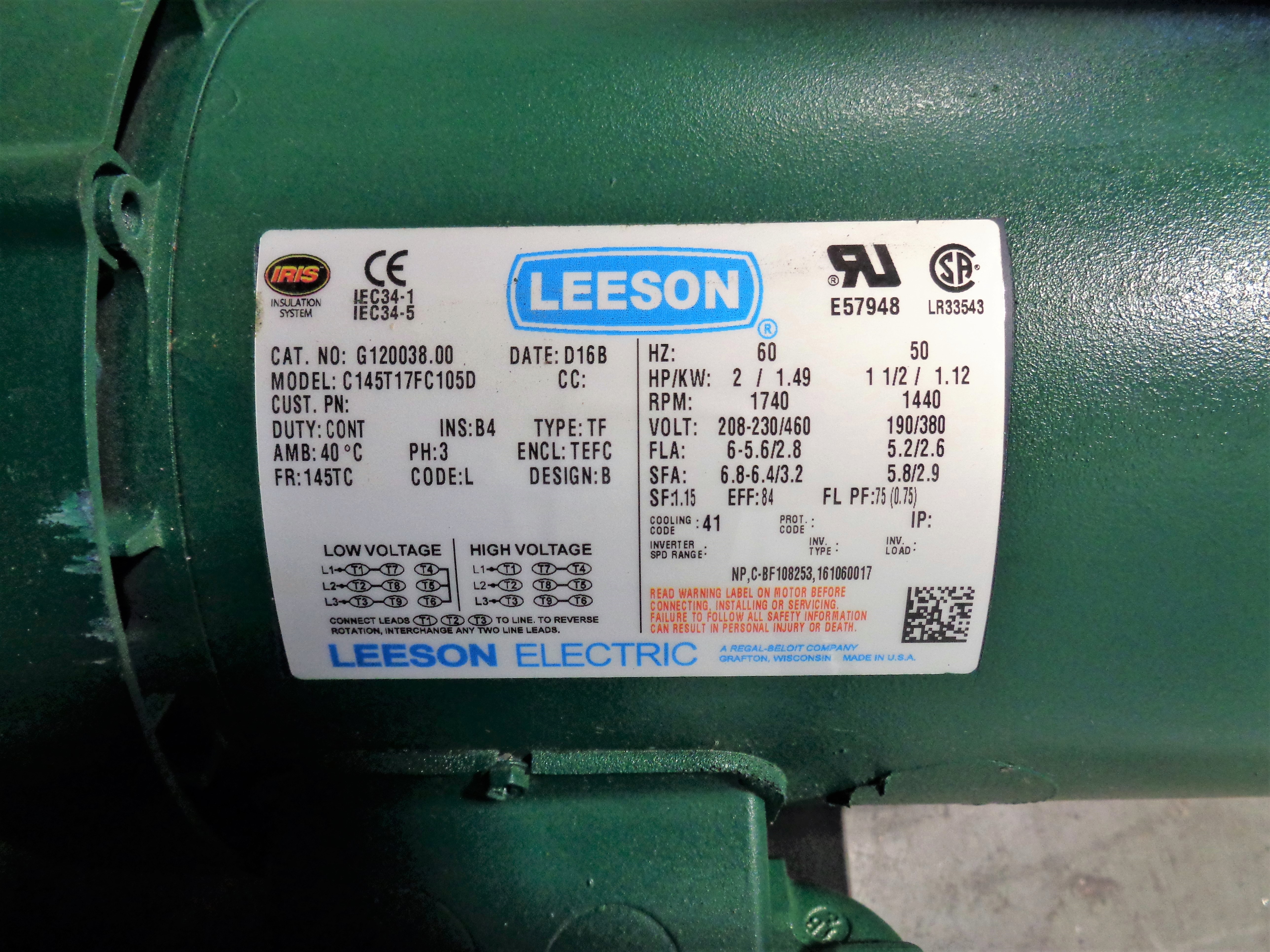 Leeson SM4 Flux Vector Adj. Speed AC Motor Controller 174674.00 w/ 2HP Motor